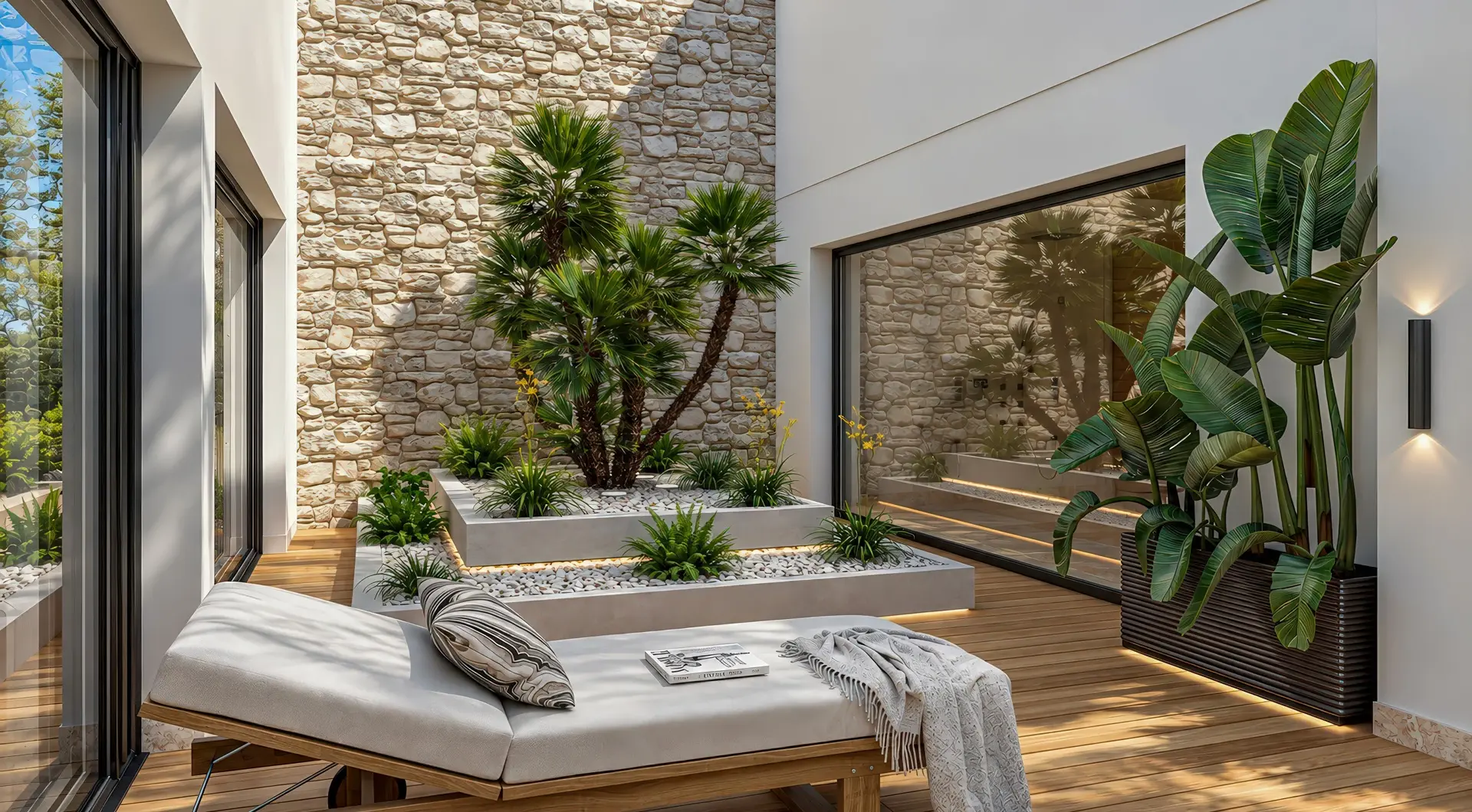 Casa Cascais na sprzedaż – eleganckie patio z egzotyczną zielenią, drewnianym tarasem i leżanką