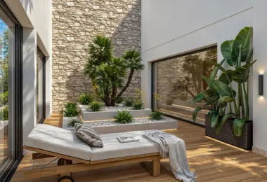 Casa Cascais na sprzedaż – eleganckie patio z egzotyczną zielenią, drewnianym tarasem i leżanką