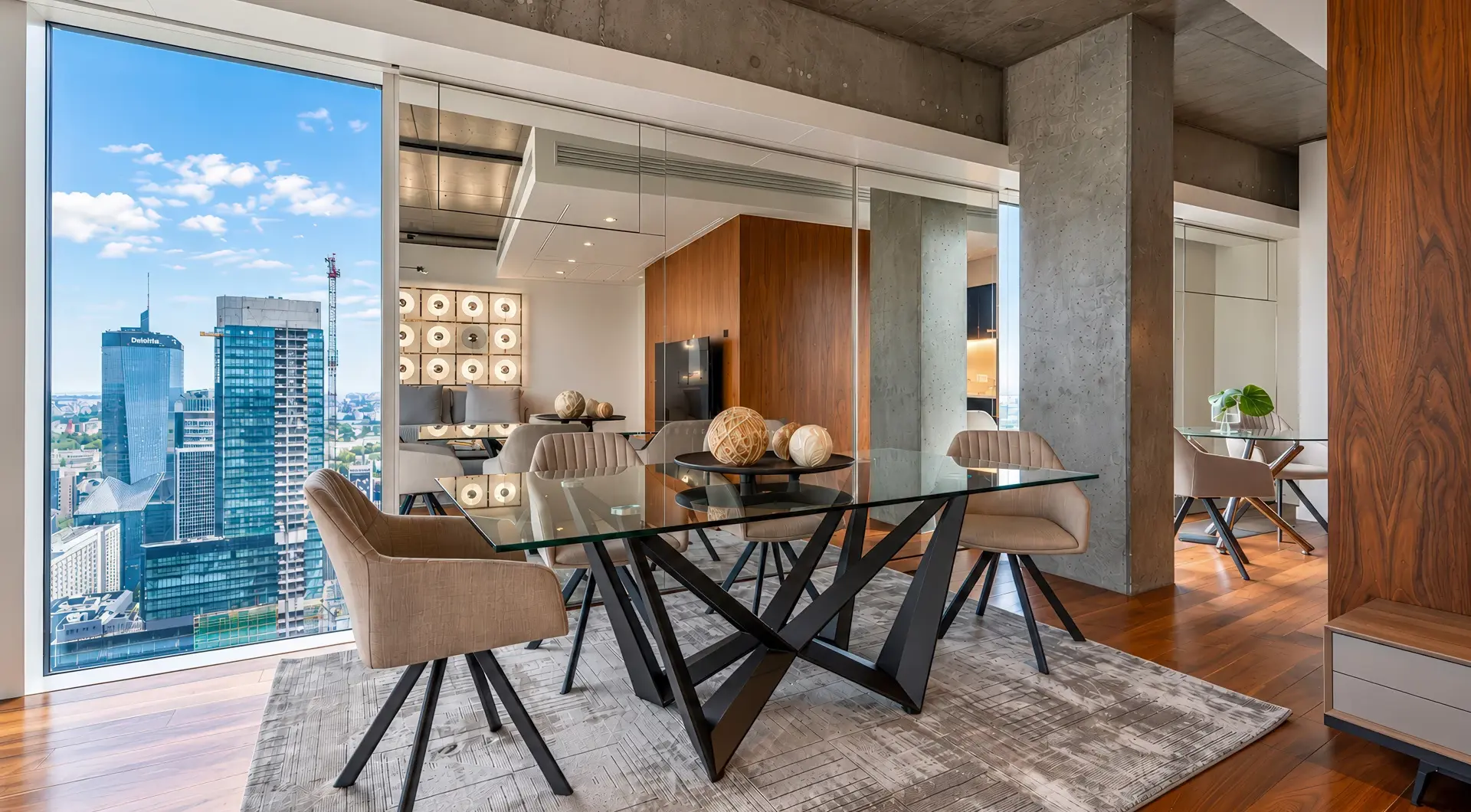 Sprzedaż apartamentu Złota 44 – elegancka jadalnia z panoramicznym widokiem na Warszawę