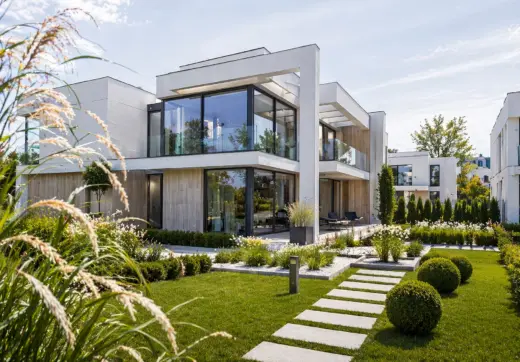 dom Wilanów sprzedaż nowoczesna willa Hampton Residence – nowoczesna willa z dużymi przeszkleniami i zadbanym ogrodem