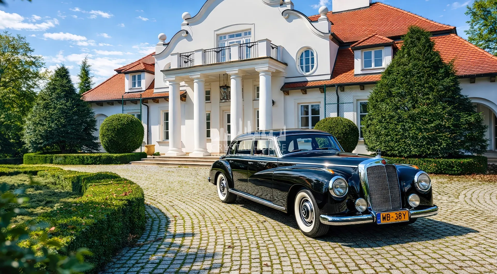 Biały dwór z kolumnowym wejściem i czerwonym dachem, przed którym na brukowanym podjeździe stoi zabytkowy czarny samochód.