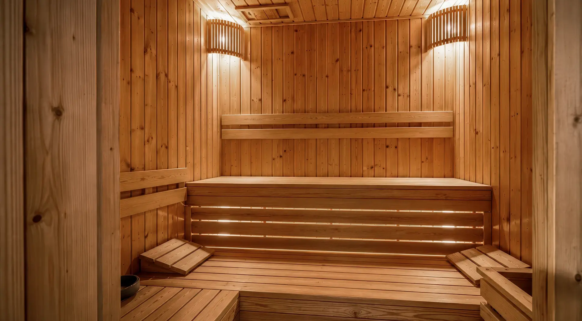 Luksusowa rezydencja w Kampinosie – nowoczesna sauna fińska z drewnianym wykończeniem i nastrojowym oświetleniem