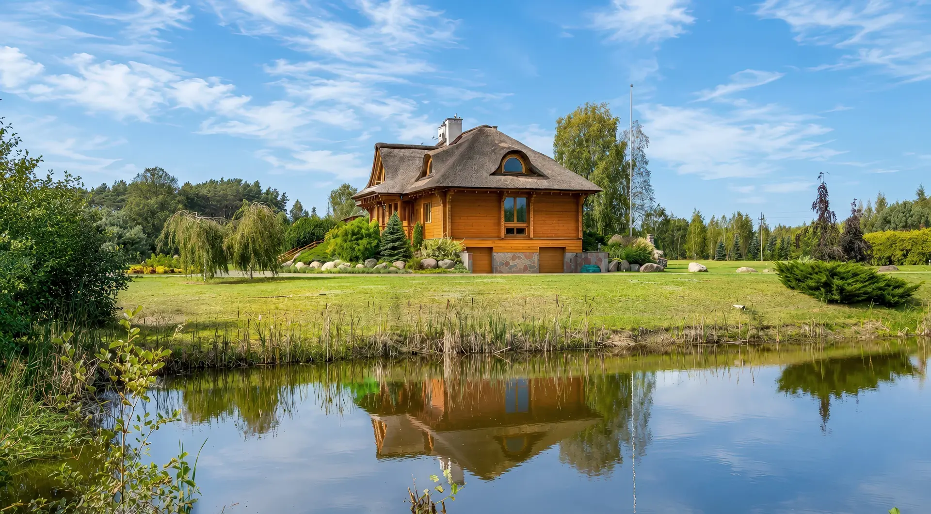 Rezydencja nad Wkrą z drewnianym domem, ogrodem i widokiem na spokojną linię brzegową