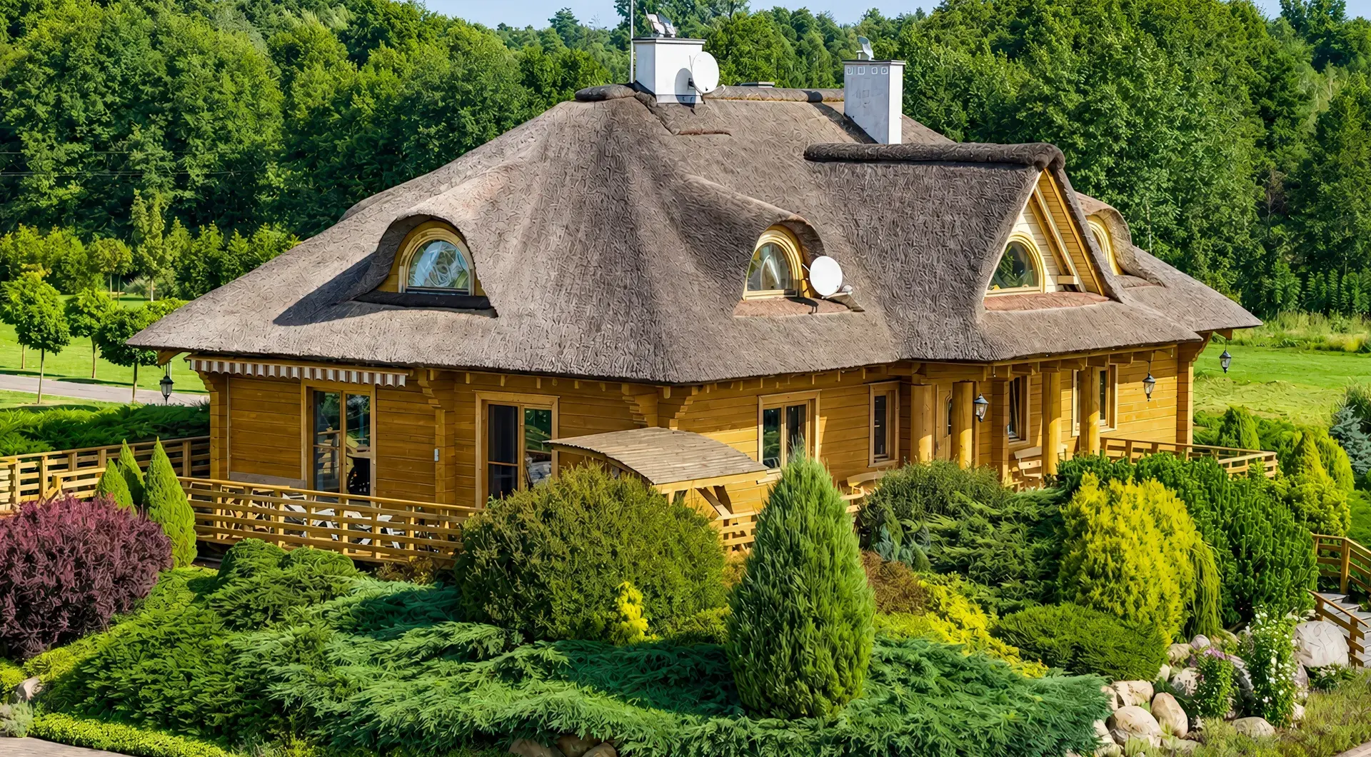 Rezydencja nad Wkrą z drewnianym domem krytym strzechą, tarasem i zadbanym ogrodem