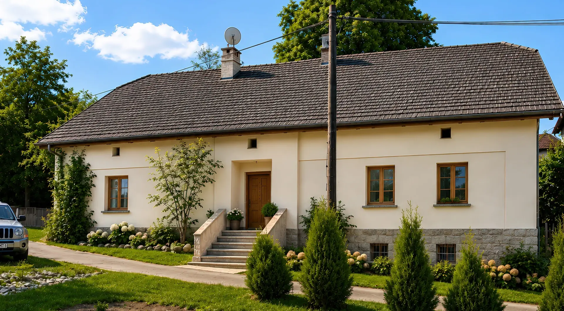 Dom na sprzedaż w Cisownicy – frontowa elewacja domu z ogrodem