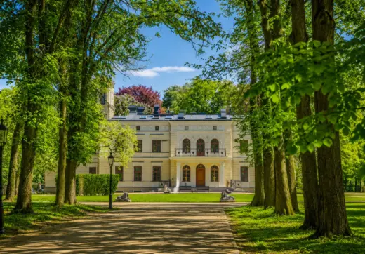 Pałac na sprzedaż pod Toruniem – reprezentacyjna elewacja zabytkowego pałacu otoczonego zielonym parkiem i starodrzewem