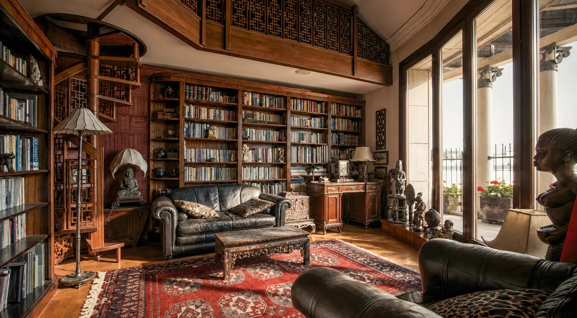 Rezydencja Opera luksusowy penthouse z domową biblioteką, drewnianymi regałami i elegancką strefą wypoczynkową
