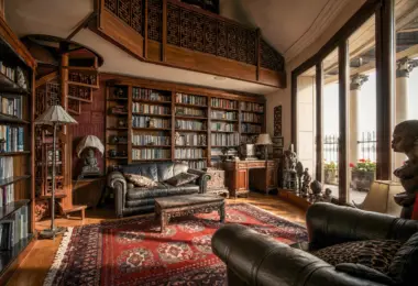 Rezydencja Opera luksusowy penthouse z domową biblioteką, drewnianymi regałami i elegancką strefą wypoczynkową