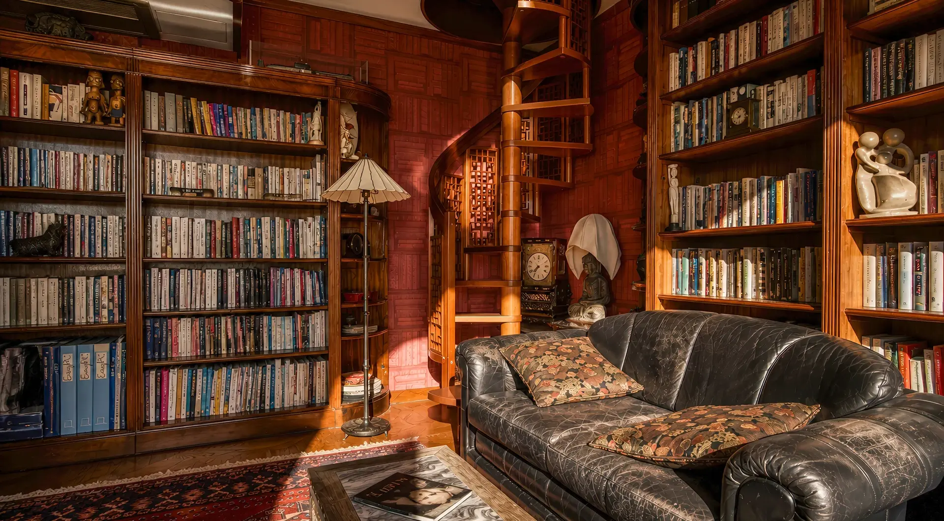 Rezydencja Opera luksusowy penthouse z biblioteką, drewnianymi regałami, spiralnymi schodami i elegancką sofą