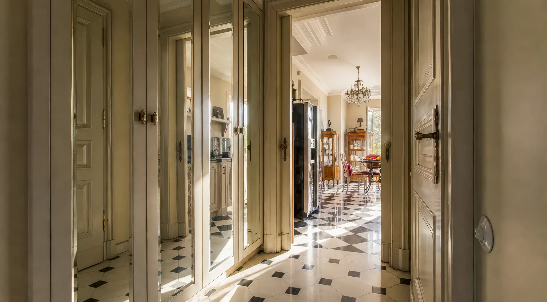 Rezydencja Opera luksusowy penthouse z jasnym holem, lustrzanymi szafami i widokiem na kuchnię