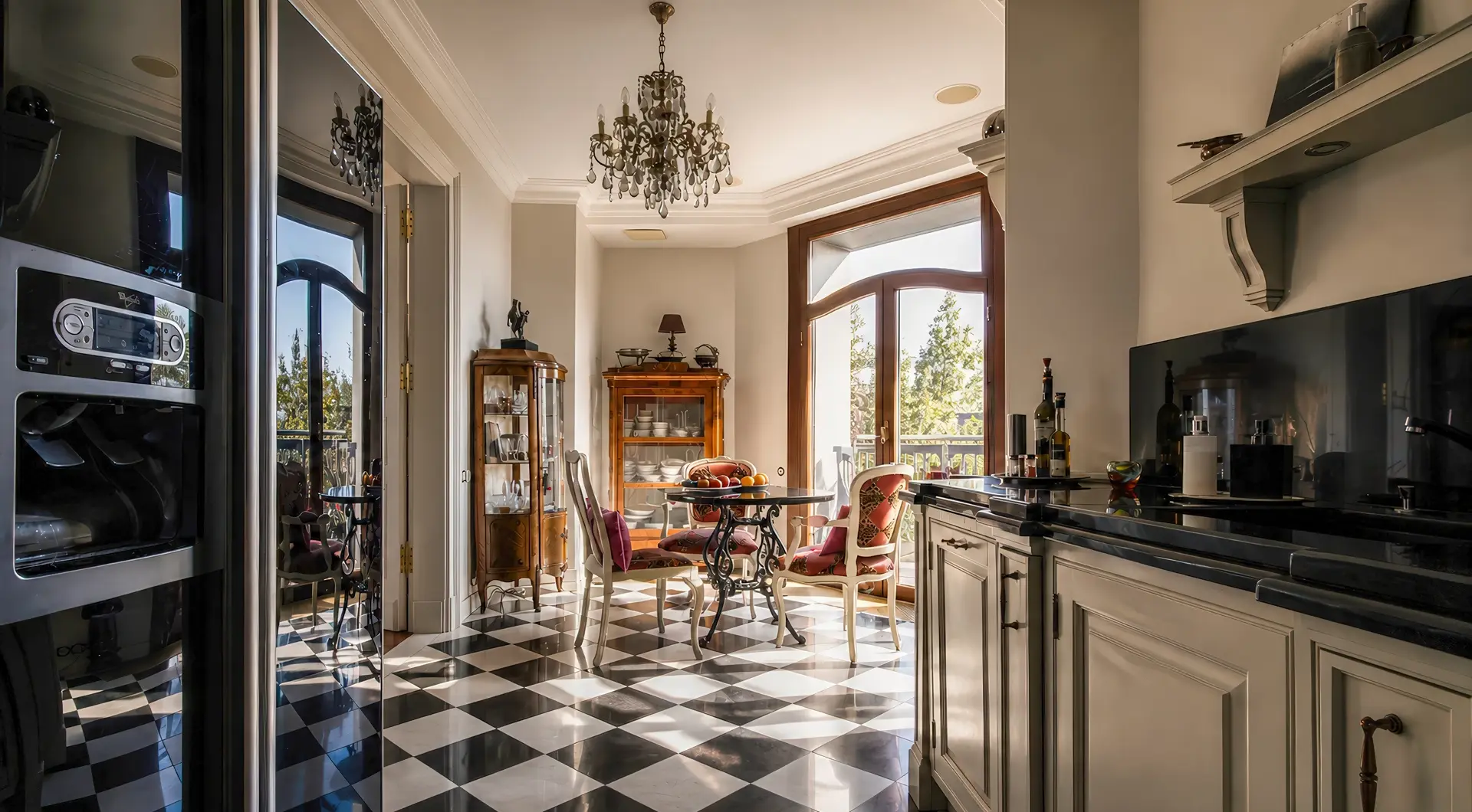 Rezydencja Opera luksusowy penthouse z elegancką kuchnią, jadalnią i dużymi drzwiami balkonowymi