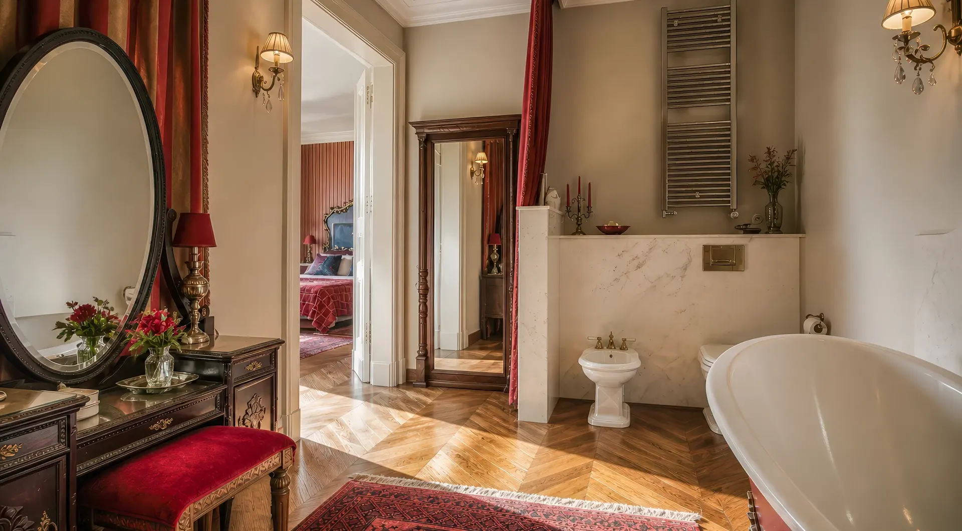 Rezydencja Opera luksusowy penthouse z wolnostojącą wanną, stylową toaletką i klasycznymi detalami wnętrza