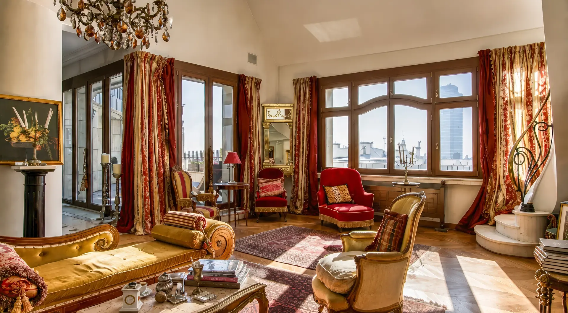 Rezydencja Opera luksusowy penthouse z eleganckim salonem, dużymi oknami, żyrandolem i klasycznymi meblami