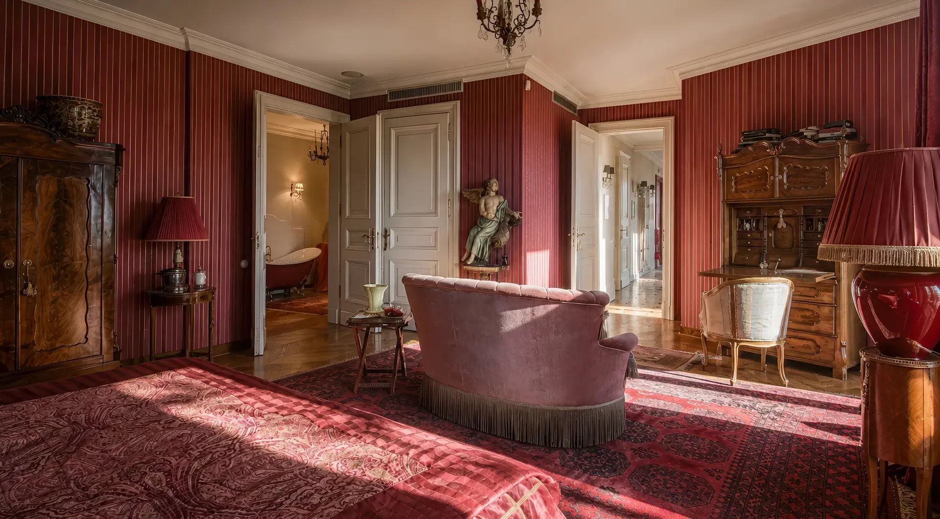 Rezydencja Opera luksusowy penthouse z przestronną sypialnią, stylową sofą i dostępem do łazienki