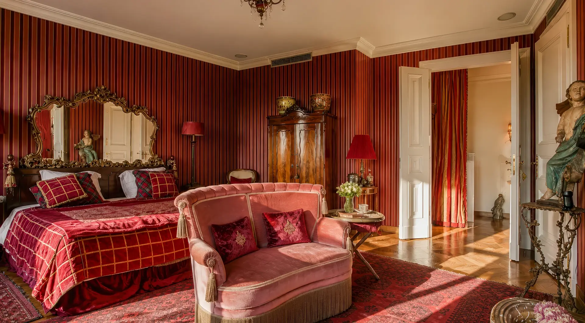 Rezydencja Opera luksusowy penthouse z elegancką sypialnią, sofą i klasycznymi meblami