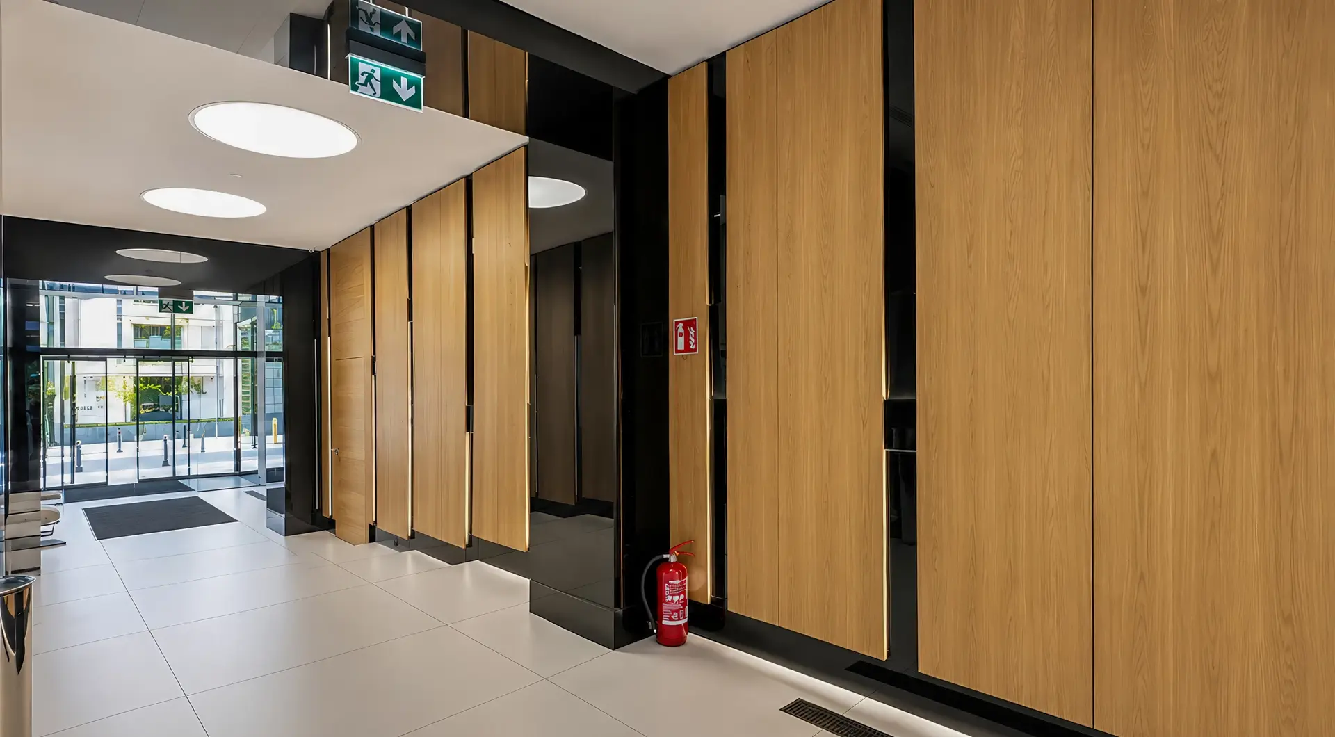 Biuro Krucza wynajem, elegancki korytarz z drewnianymi panelami i wejściem do centrum biurowego