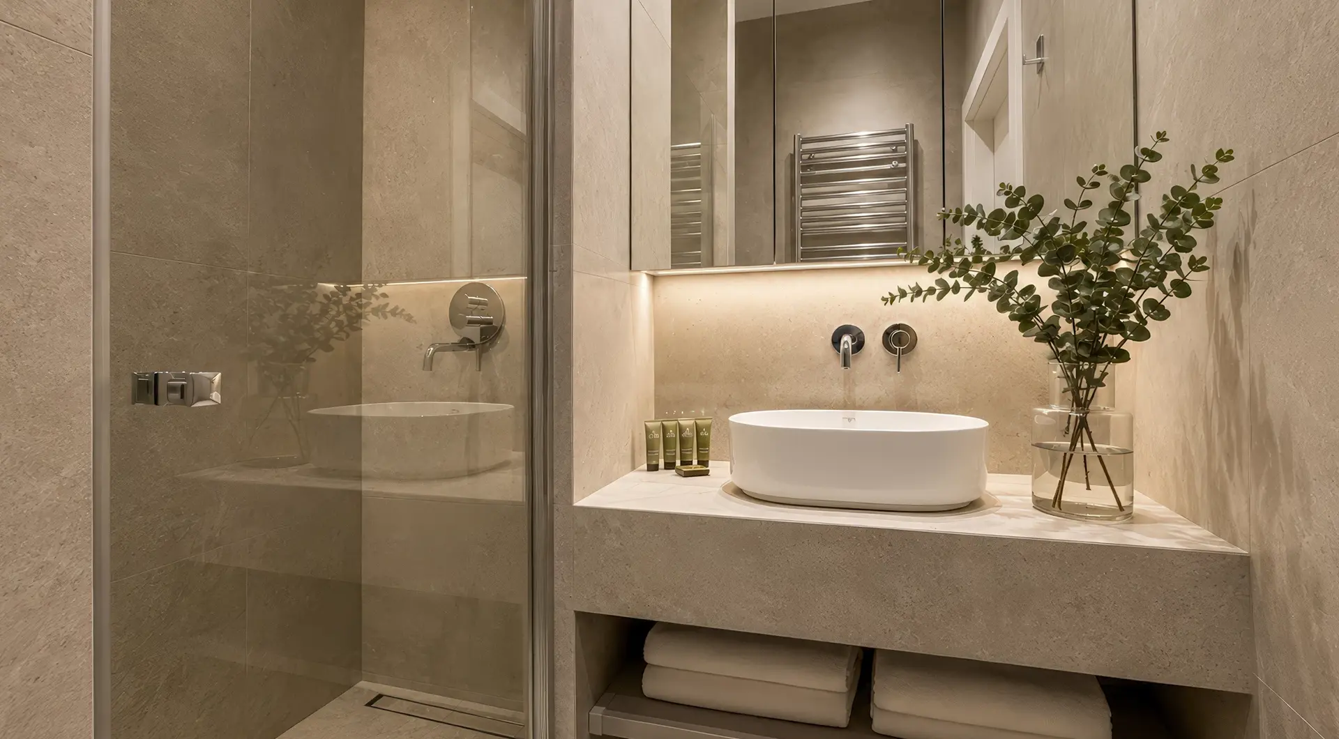 Elegancki apartament Warszawa Wola – stylowa łazienka z kabiną prysznicową walk-in, nablatową umywalką, podświetlanym lustrem oraz wykończeniem w odcieniach beżu.