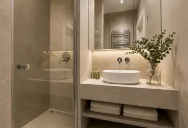 Elegancki apartament Warszawa Wola – stylowa łazienka z kabiną prysznicową walk-in, nablatową umywalką, podświetlanym lustrem oraz wykończeniem w odcieniach beżu.