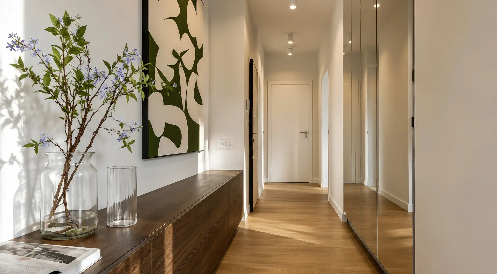 Elegancki apartament Warszawa Wola – nowoczesny hol wejściowy z pojemną zabudową szaf, drewnianą podłogą oraz designerskimi dekoracjami ściennymi.