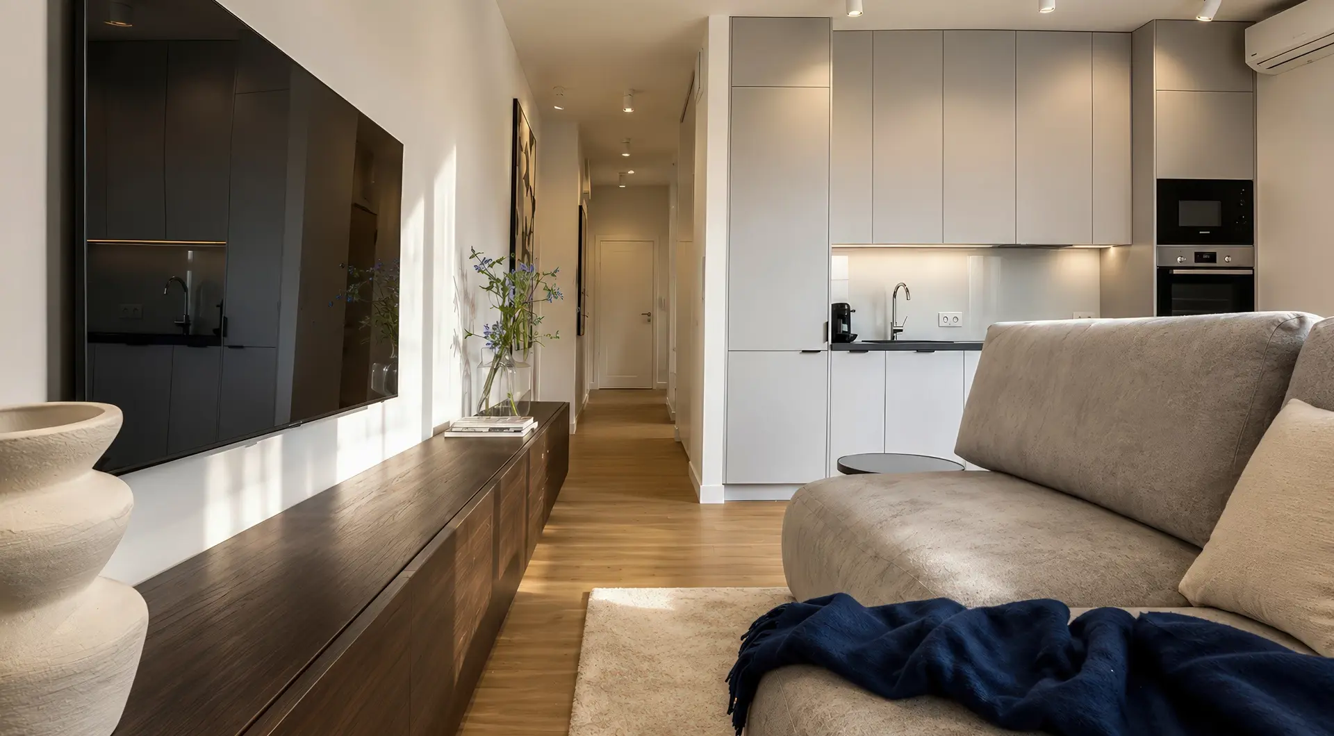 Elegancki apartament Warszawa Wola – nowoczesny salon z designerską sofą, telewizorem, aneksem kuchennym w zabudowie oraz drewnianą podłogą.