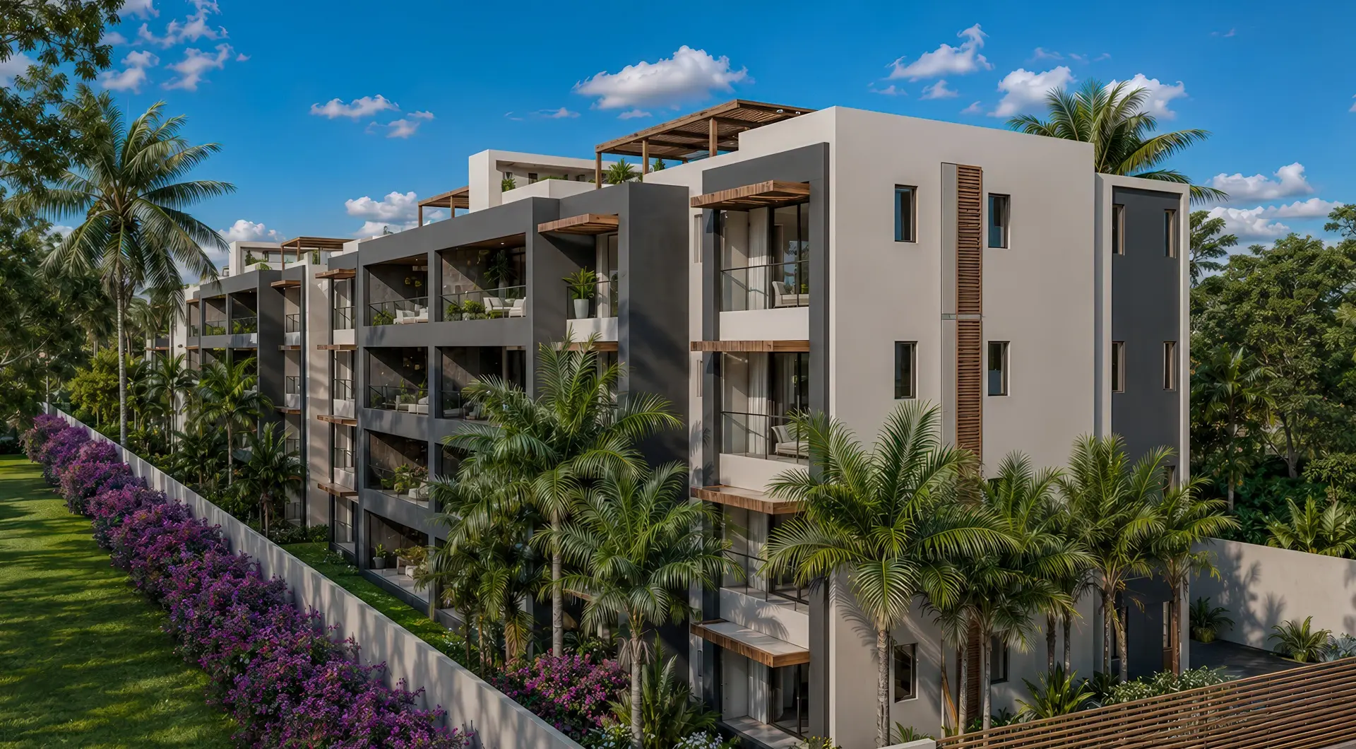 Luksusowy penthouse Grand Baie w nowoczesnym budynku apartamentowym otoczonym palmami i tropikalnym ogrodem
