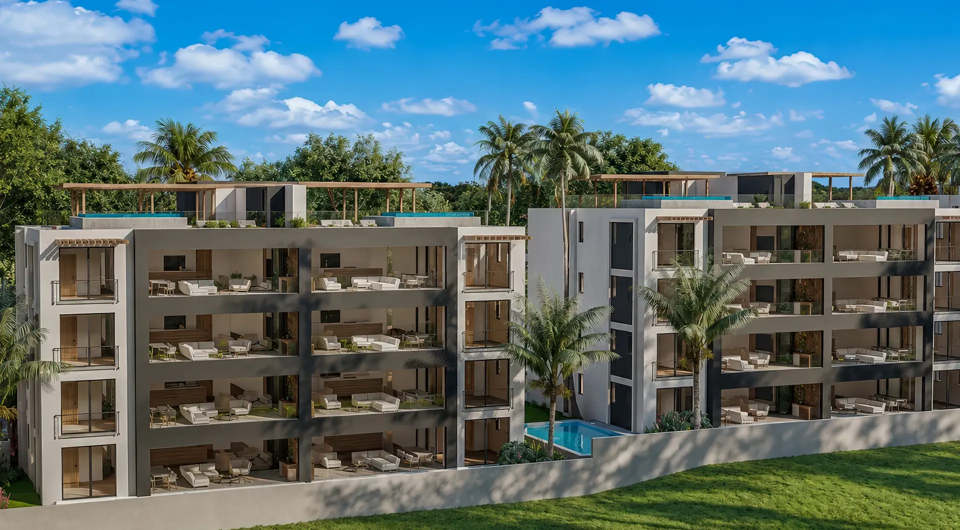 Luksusowy penthouse Grand Baie w nowoczesnym kompleksie z tarasami dachowymi, prywatnymi basenami i tropikalną zielenią