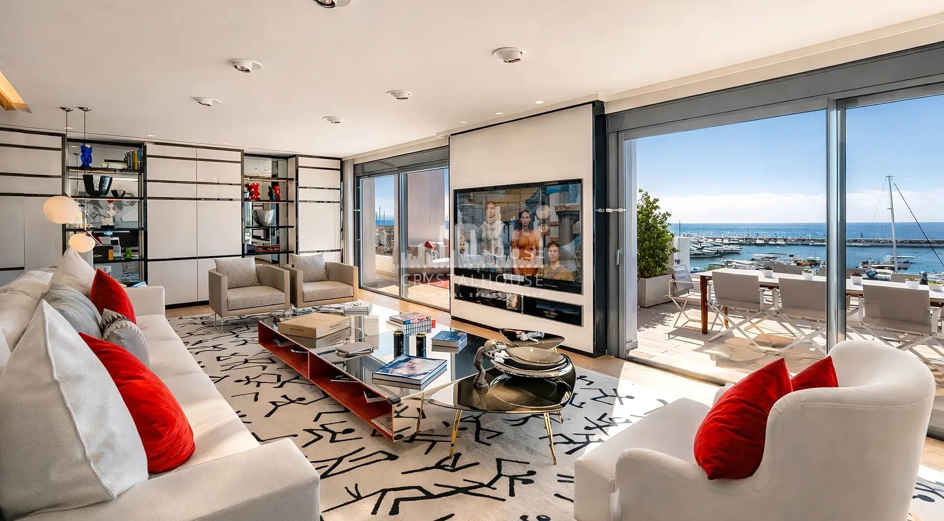 Apartment for sale Marbella Spain – Puerto Banús luxury living room with panoramic marina view and large terrace