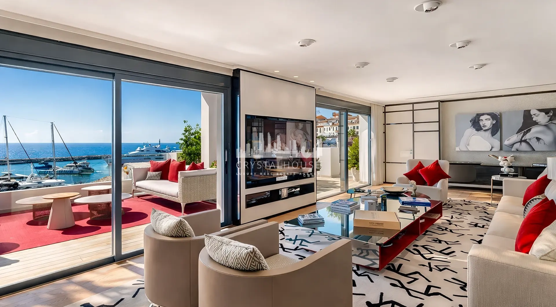 Apartment for sale Marbella Spain – Puerto Banús luxury living room with terrace and panoramic marina and sea views