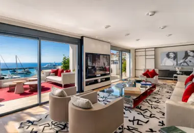 Apartment for sale Marbella Spain – Puerto Banús luxury living room with terrace and panoramic marina and sea views