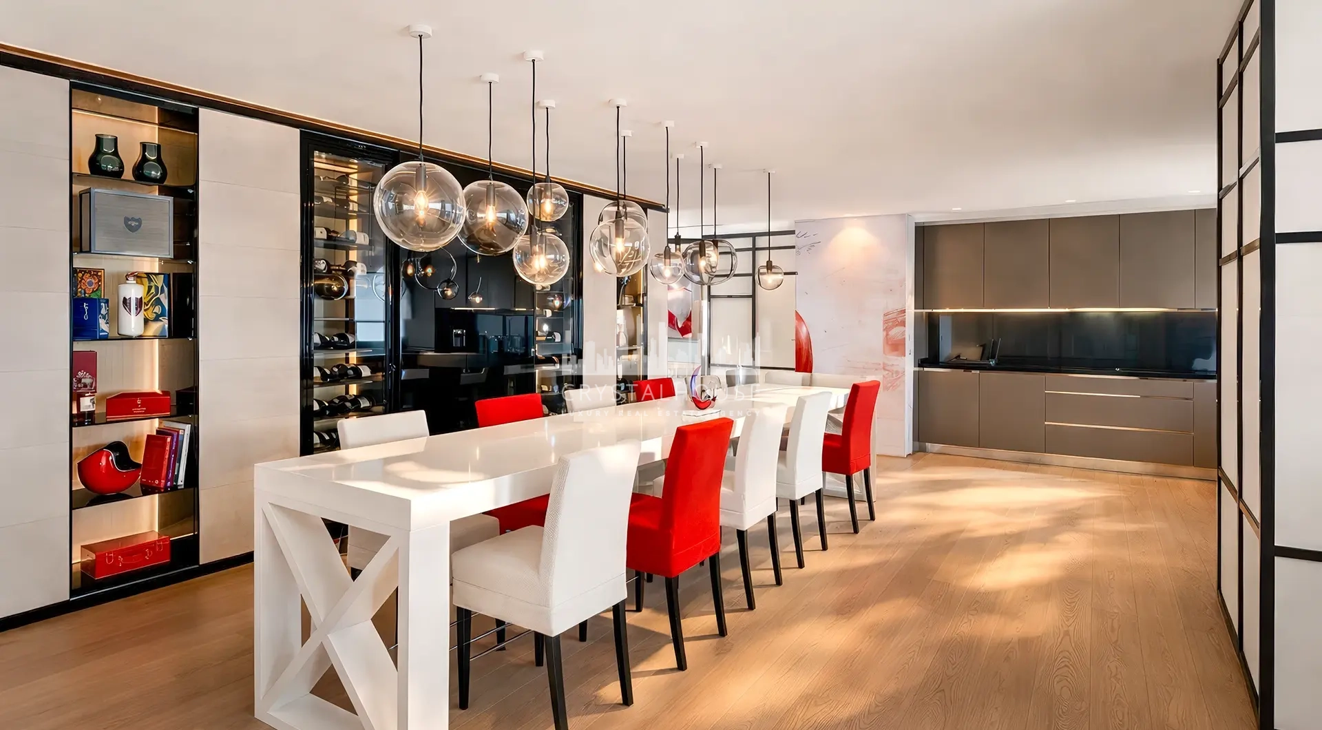 Apartment for sale Marbella Spain – Puerto Banús luxury dining room and modern open kitchen interior design