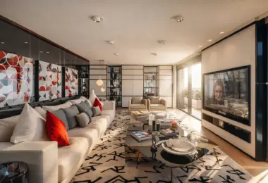 Apartment for sale Marbella Spain – Puerto Banús luxury living room with modern interior design and terrace access