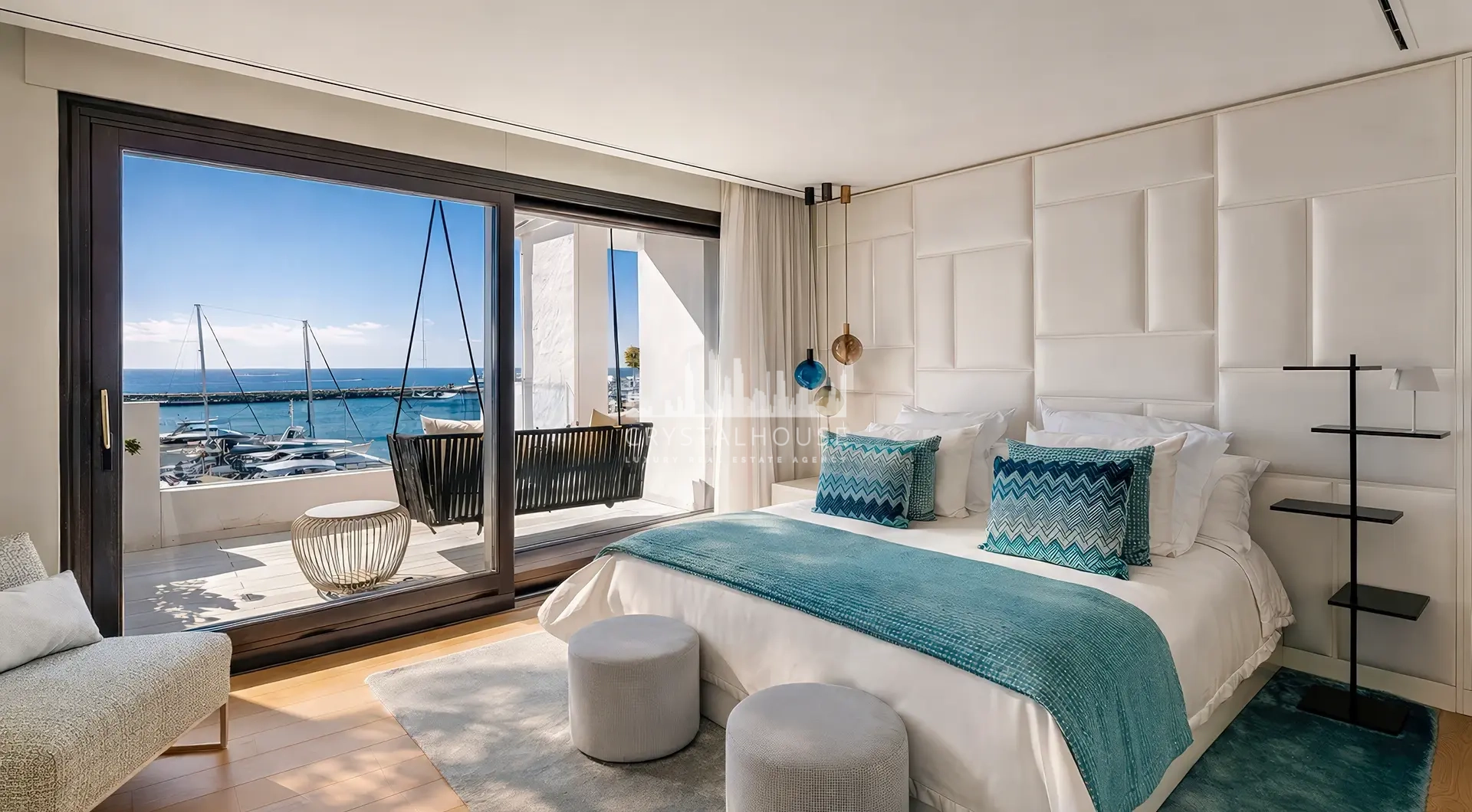 Apartment for sale Marbella Spain – Puerto Banús luxury bedroom with marina view terrace and Mediterranean sea views