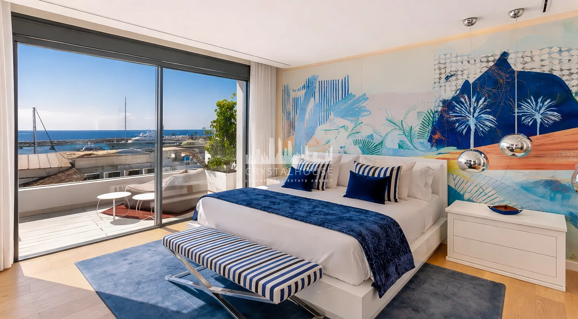 Apartment for sale Marbella Spain – Puerto Banús luxury bedroom with sea view terrace and modern interior design