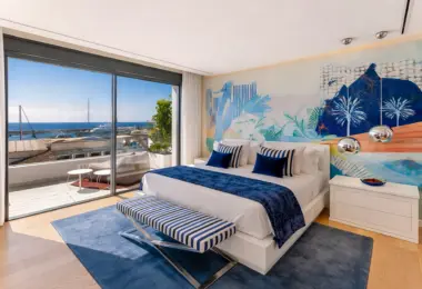 Apartment for sale Marbella Spain – Puerto Banús luxury bedroom with sea view terrace and modern interior design