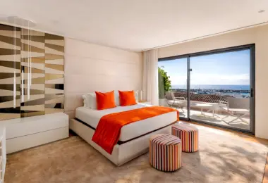 Apartment for sale Marbella Spain – Puerto Banús luxury bedroom with terrace and panoramic Mediterranean sea views