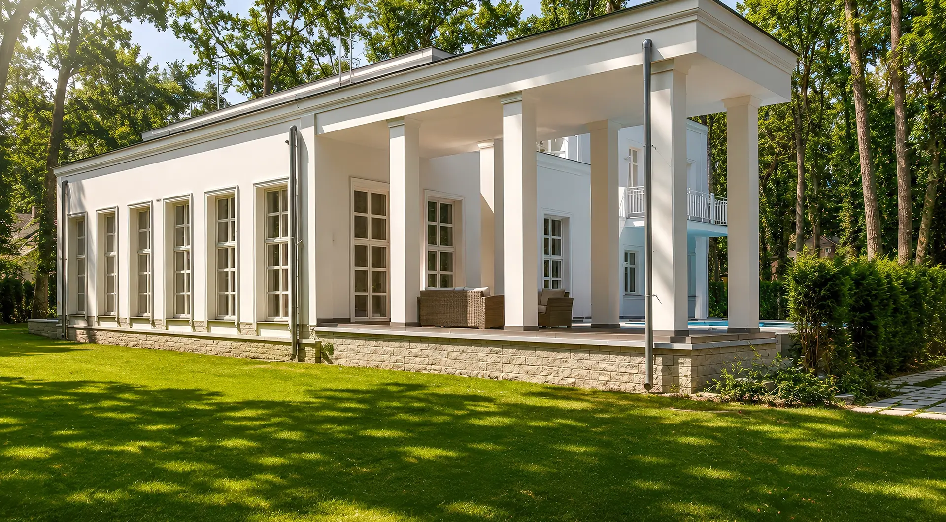 Dom z basenem pod Warszawą – elegancka rezydencja z dużym tarasem, wysokimi kolumnami i ogrodem
