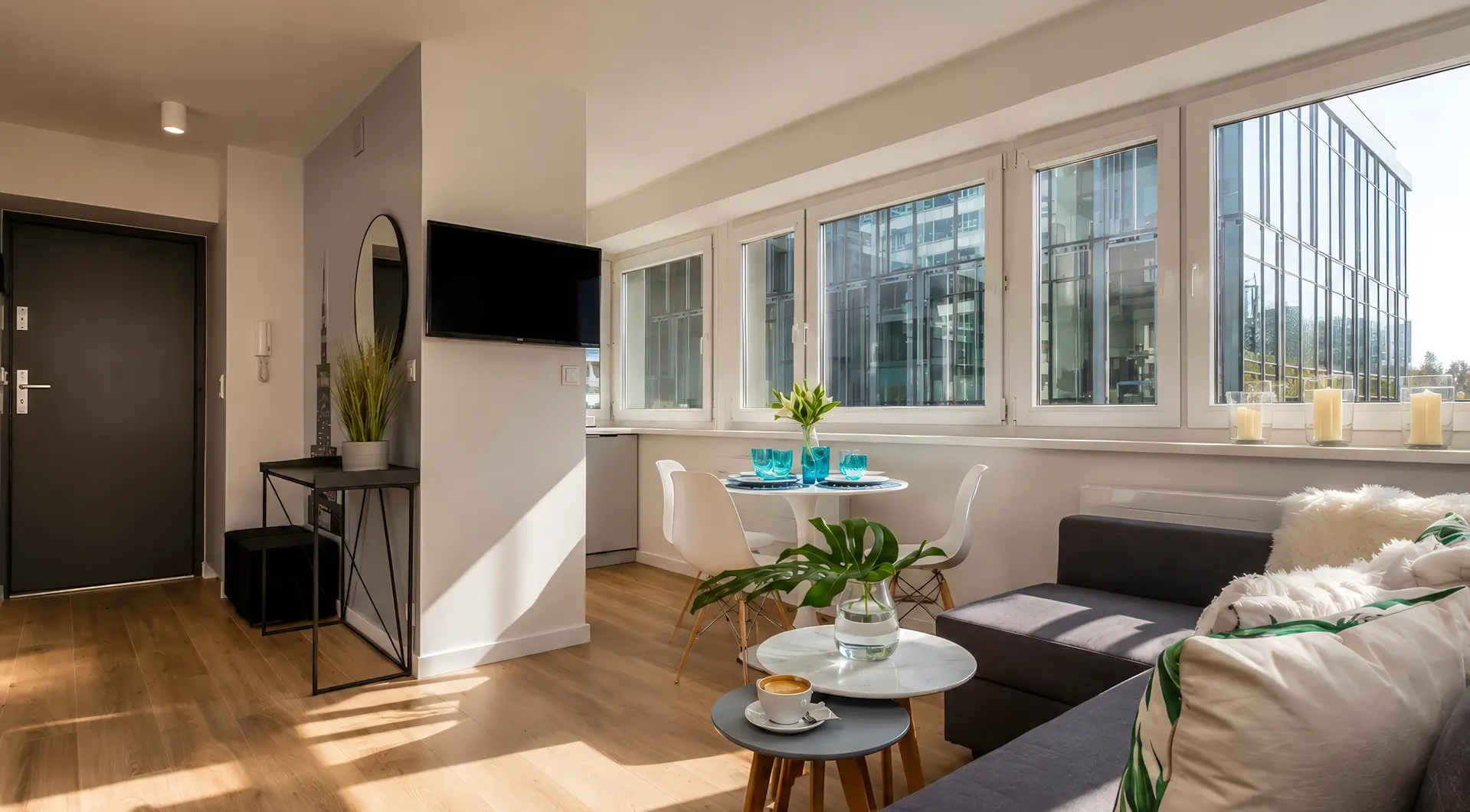 Apartament Warszawa Śródmieście z nowoczesnym salonem, częścią jadalnianą, dużymi oknami oraz widokiem na nowoczesną zabudowę centrum miasta.