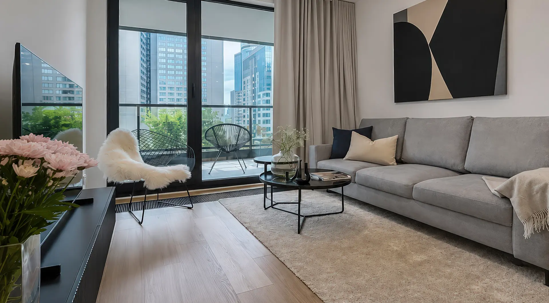 Apartament na wynajem Grzybowska – elegancki salon z balkonem i widokiem na Warszawę