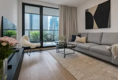 Apartament na wynajem Grzybowska – elegancki salon z balkonem i widokiem na Warszawę