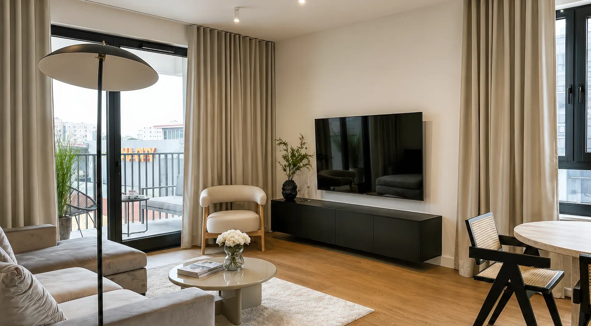 Nowy apartament w Warszawie z przestronnym salonem, dużymi przeszkleniami, telewizorem oraz wyjściem na balkon