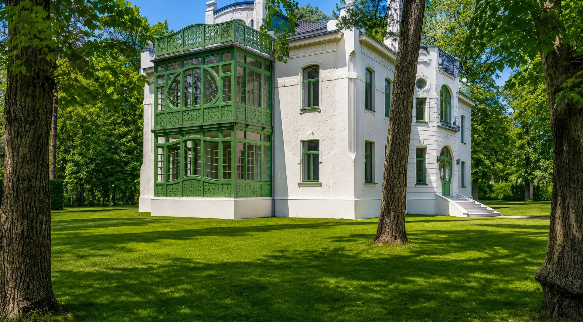 Willa Konstancin Strefa A – historyczna rezydencja z zieloną oranżerią, dekoracyjną elewacją i ogrodem ze starodrzewem