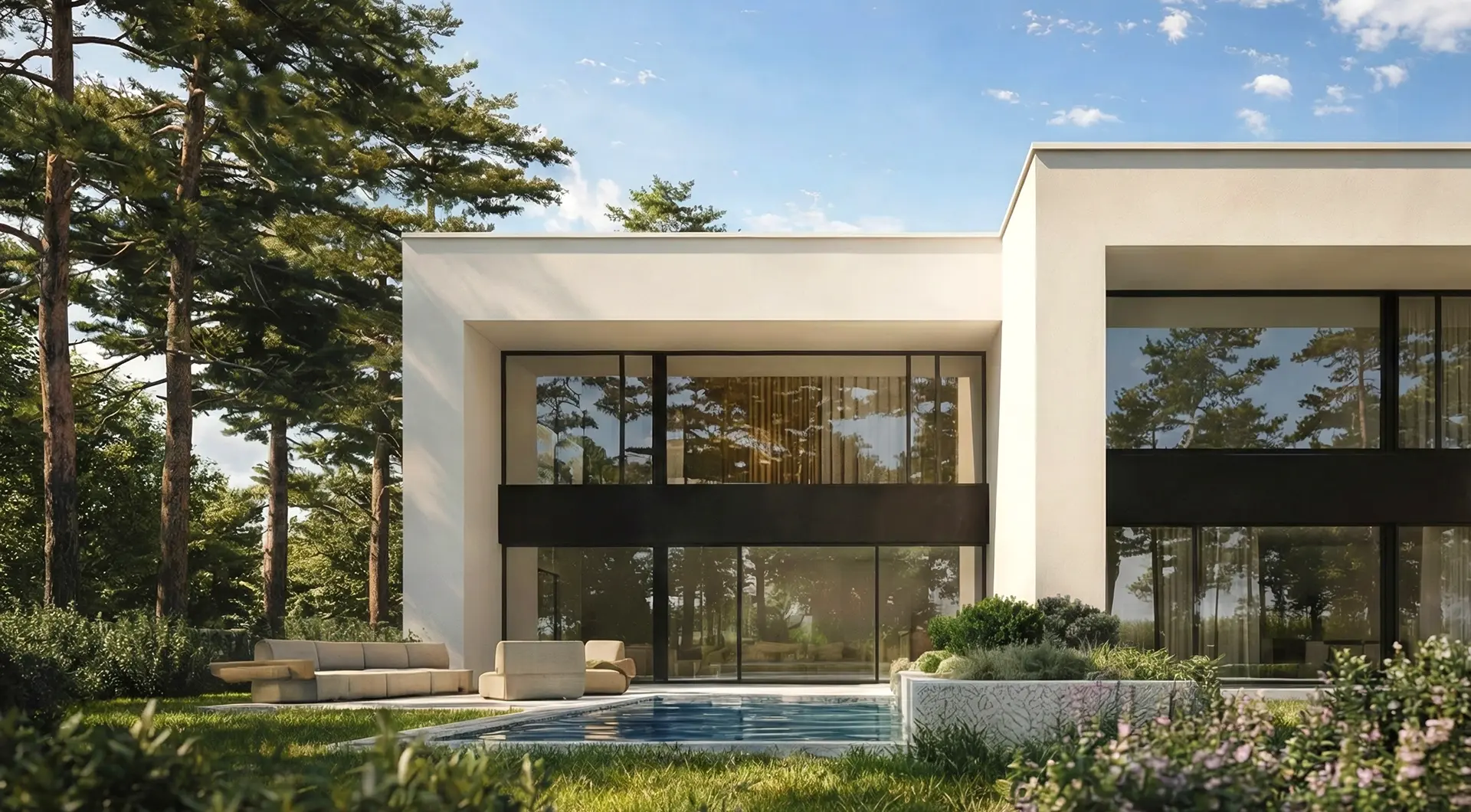 Nowoczesny dom z basenem w Warszawie Wawer Radość z dużymi przeszkleniami, ogrodem i tarasem wypoczynkowym