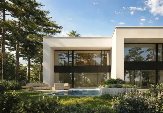 Nowoczesny dom z basenem w Warszawie Wawer Radość z dużymi przeszkleniami, ogrodem i tarasem wypoczynkowym