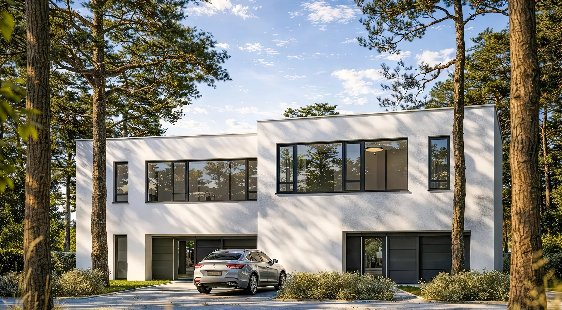 Nowoczesny dom na sprzedaż Warszawa Wawer Radość front budynku z garażem, podjazdem i dużymi przeszkleniami