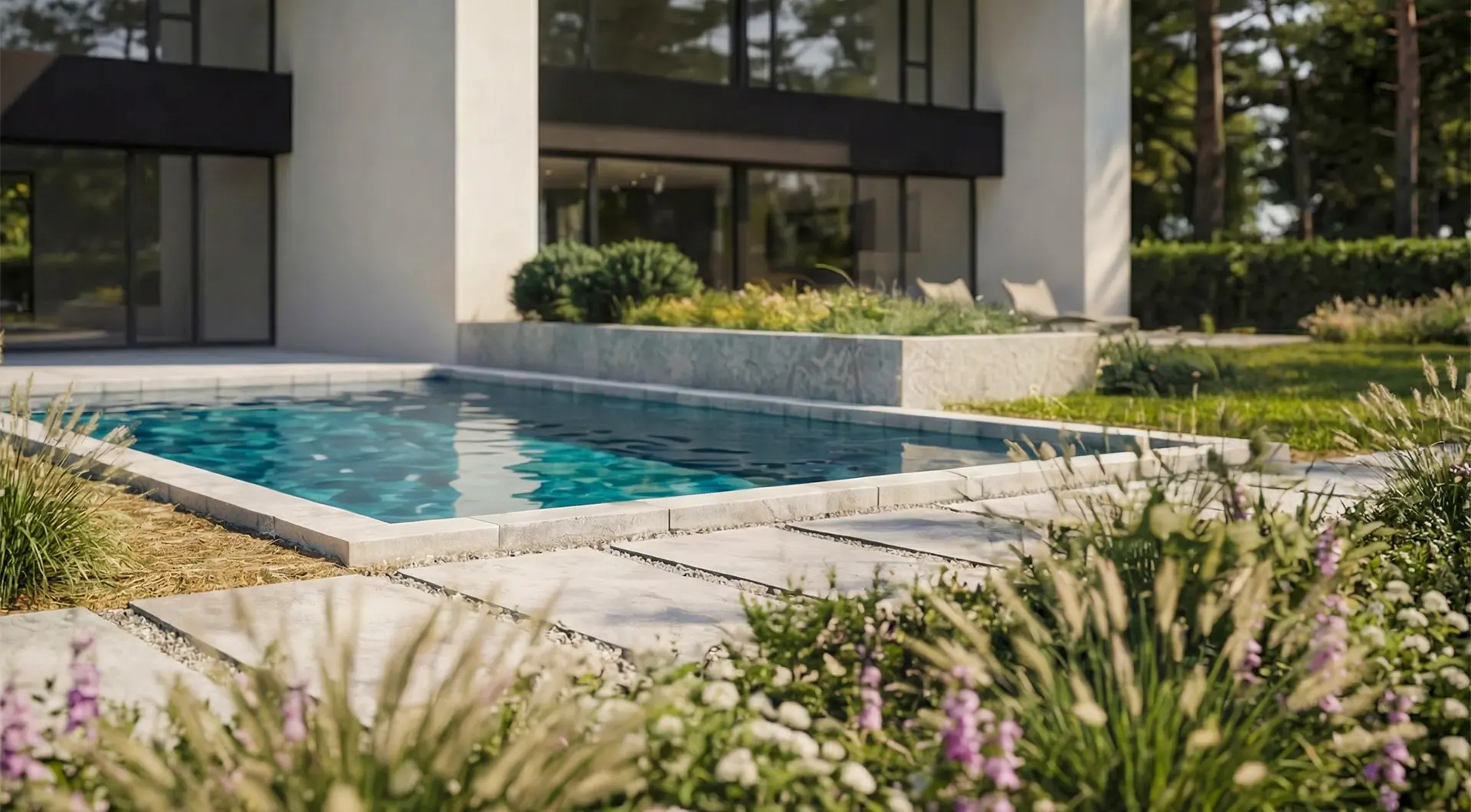 Nowoczesny dom z basenem Warszawa Wawer Radość z ogrodem, tarasem i zadbaną zielenią wokół budynku