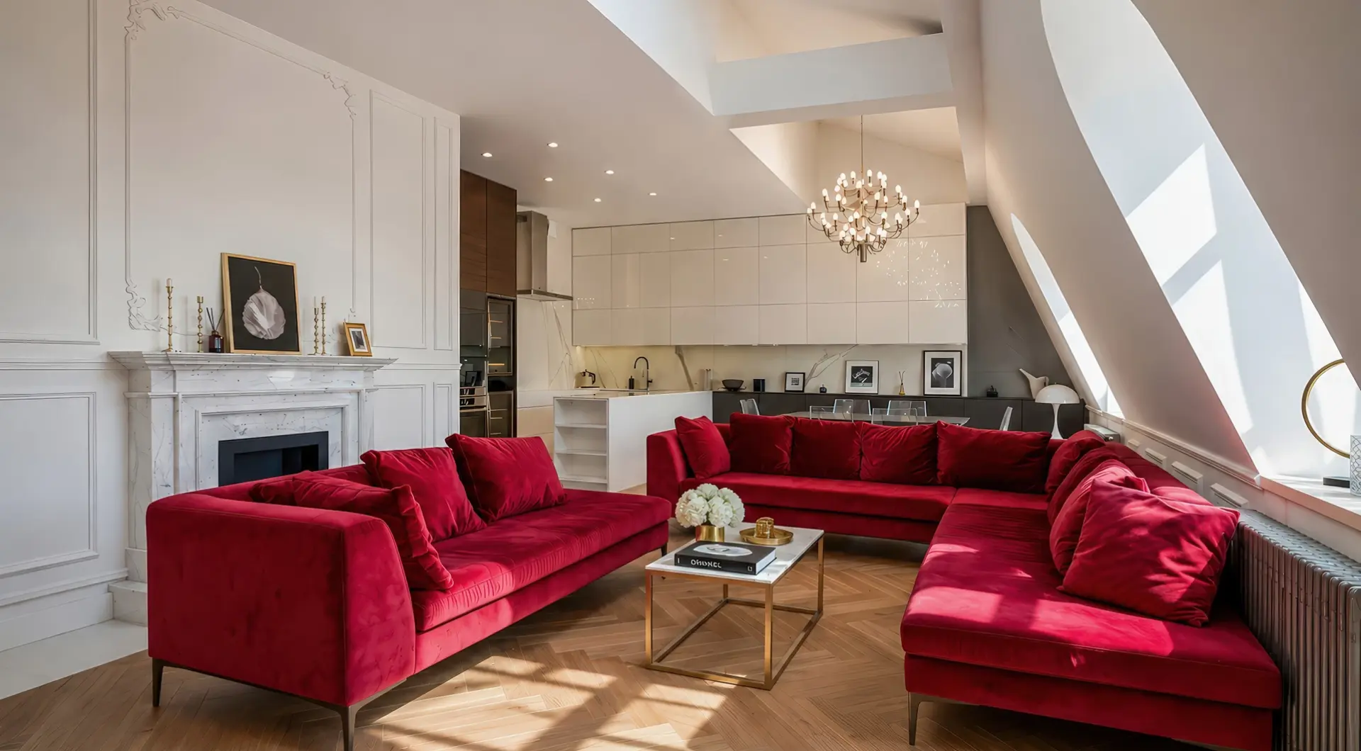 Apartament Kraków Stare Miasto z eleganckim salonem, czerwonymi sofami, kominkiem i jasną kuchnią w tle