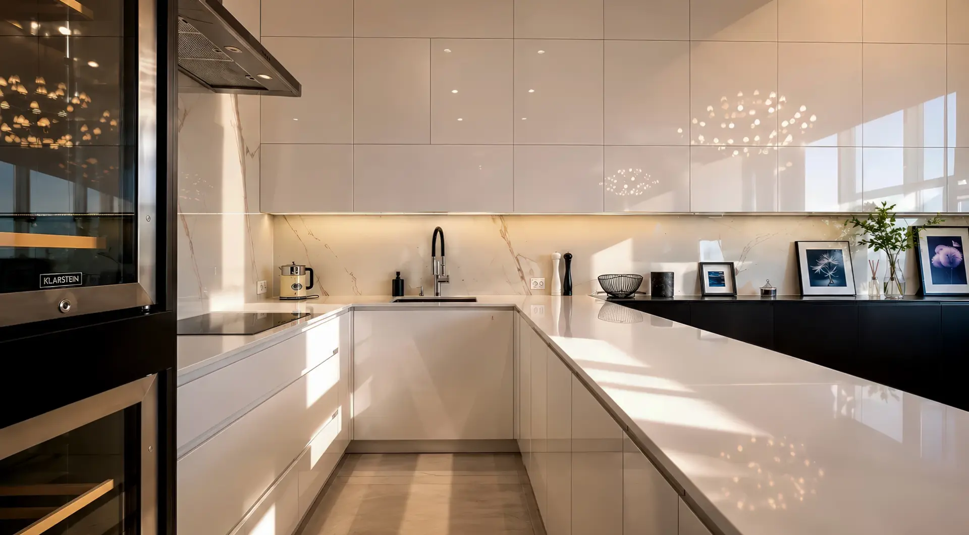 Apartament Kraków Stare Miasto z elegancką białą kuchnią, dużą wyspą, połyskującymi frontami i nowoczesnym oświetleniem