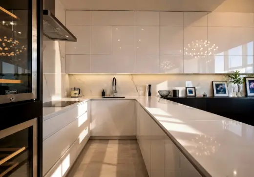 Apartament Kraków Stare Miasto z elegancką białą kuchnią, dużą wyspą, połyskującymi frontami i nowoczesnym oświetleniem