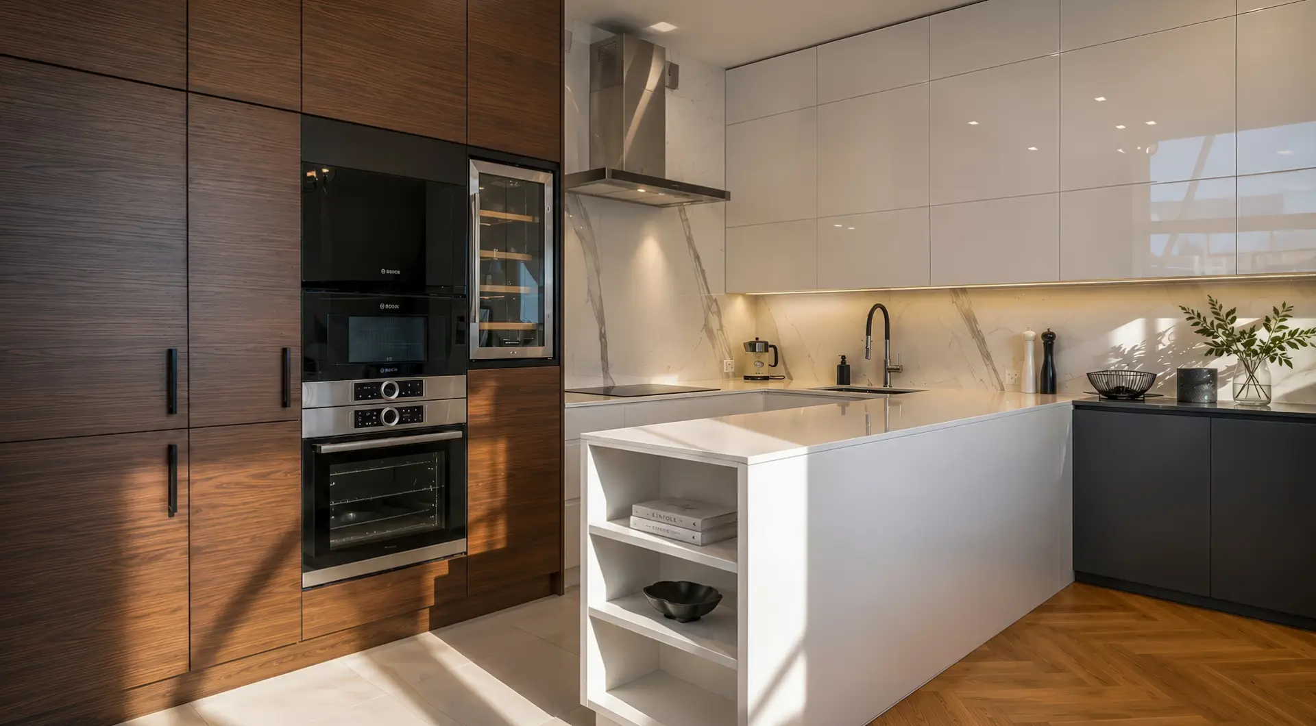 Apartament Kraków Stare Miasto z nowoczesną kuchnią, białą wyspą, drewnianą zabudową i eleganckim wykończeniem