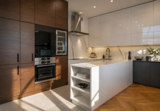 Apartament Kraków Stare Miasto z nowoczesną kuchnią, białą wyspą, drewnianą zabudową i eleganckim wykończeniem